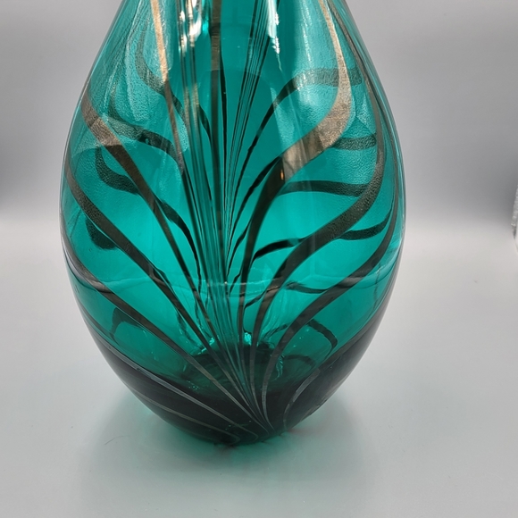 Handmade Aqua Teal Blue Glass Vase Silver Overlay 14 1/4" tall - Picture 6 of 9